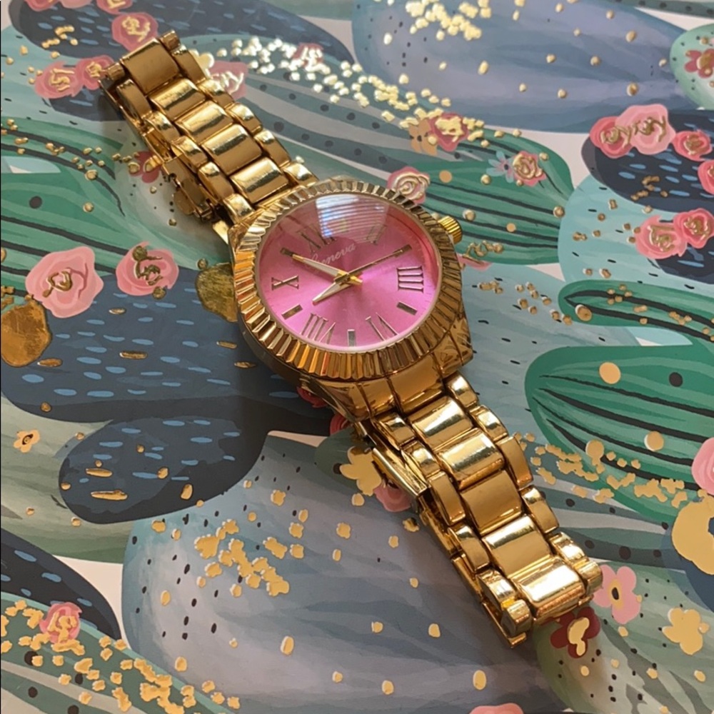 Beautiful Gold Geneva Watch with Hot Pink face